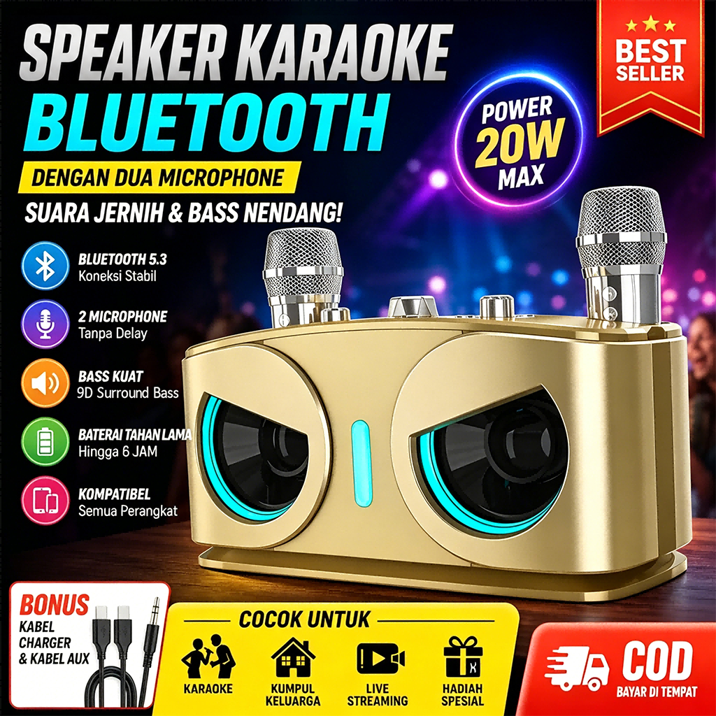 Speaker Karaoke Bluetooth Portable Sound System Amplifier 9D Stereo Mega Bass Gratis 2 Microphone Wi