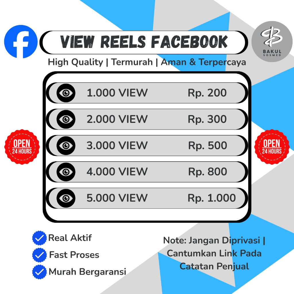 Facebook View Reels Views FB Viewers Proses Cepat Permanen | Bergaransi - Fast respon 24 jam bakul_s
