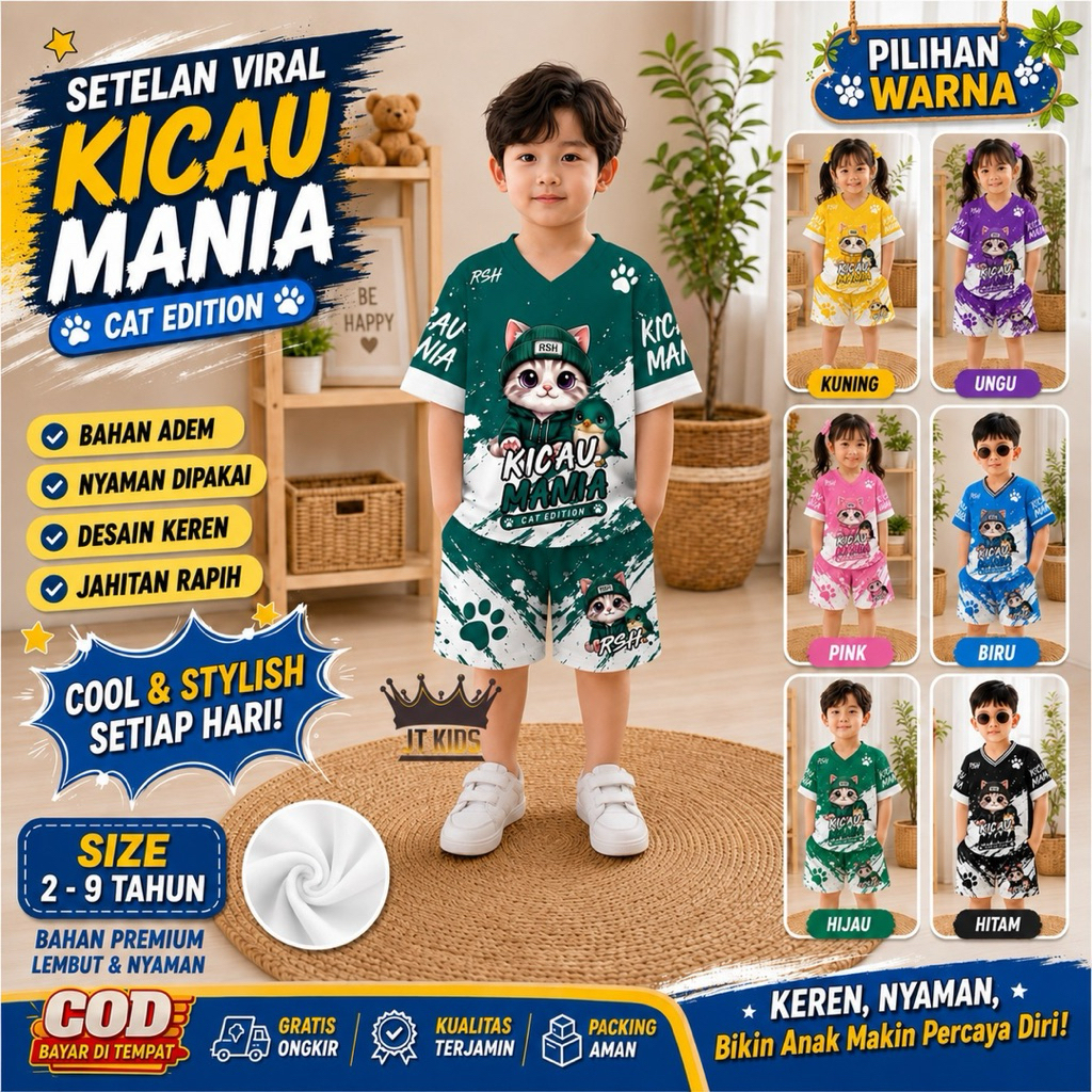 EXCLUSIVE TAMAYOKIDSS SETELAN ANAK UNISEX KUCING KICAU MANIA VIRAL JERSEY NYAMAN DAN ADEM 1-7tahun