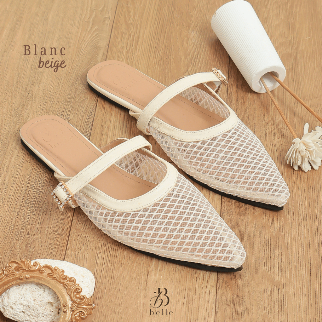 BELLE Blanc Mesh Flat Mules Selop Balet Sandal Coquette Jaring Net Korean Style Wanita