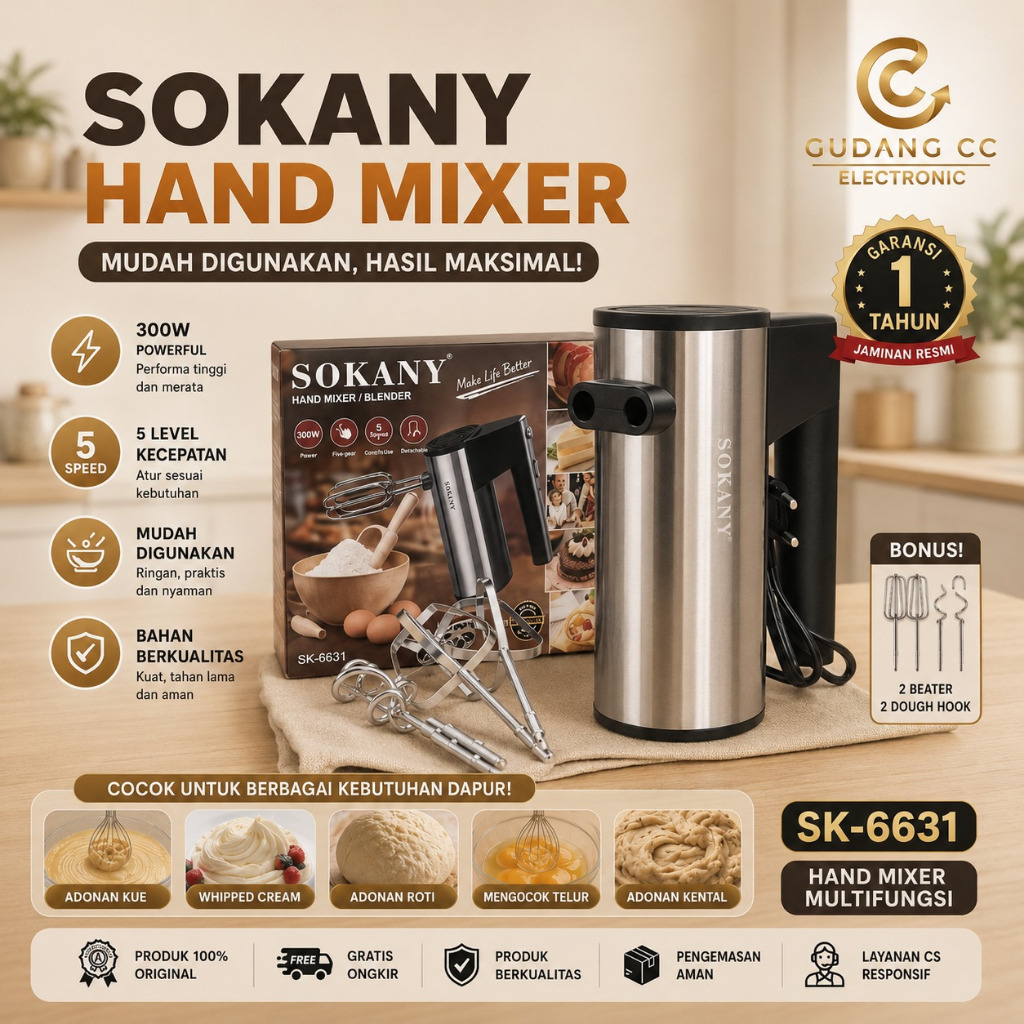 (GCC-ELC) Hand Mixer Silver Pembuat Kue / Pengaduk Bahan Kue Sokany SK-6638 Mini Aesthetic