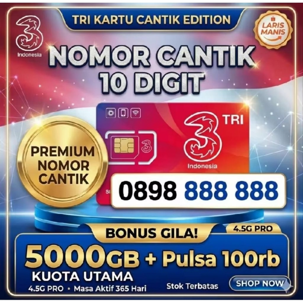 Promo Kartu Perdana TRI 10Digit Bonus Kuota 5000GB Support Jaringan 4G