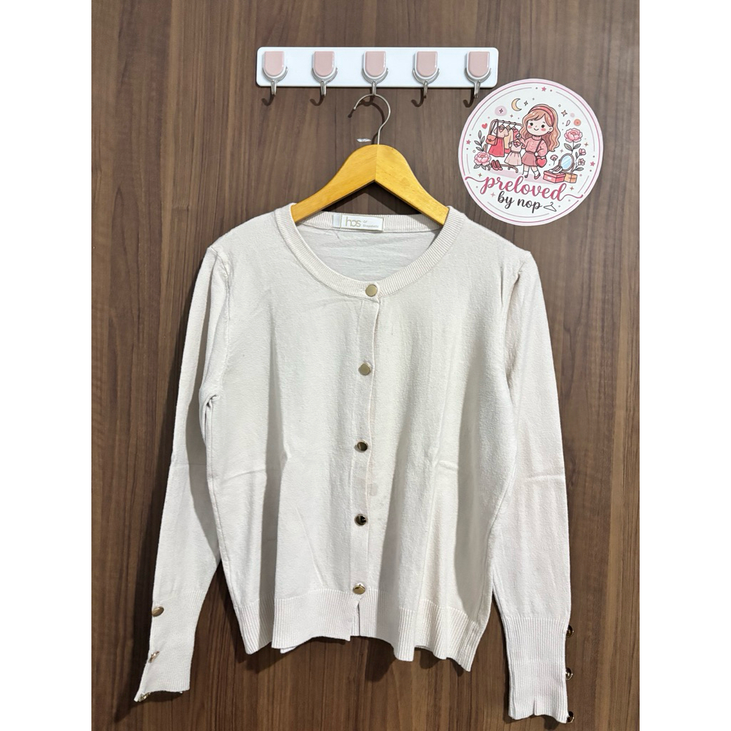 [PRELOVED] Cardigan Rajut Mewah Premium HOS Broken White Gold Button Korea Style / Atasan Wanita Out