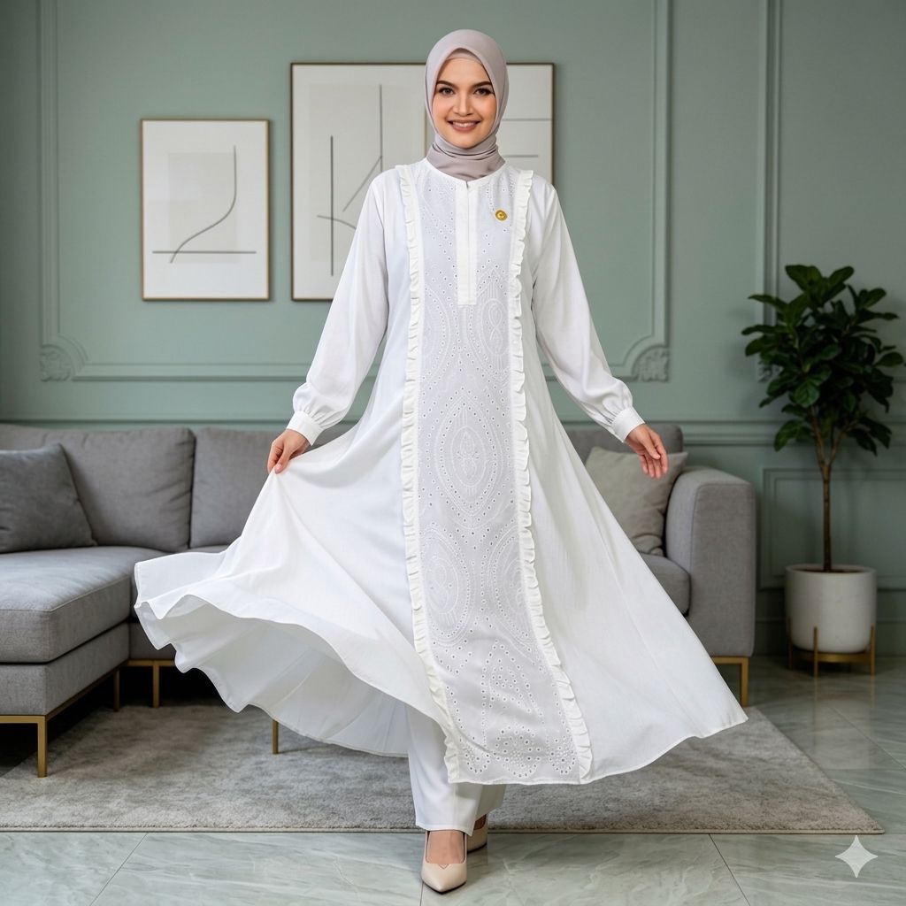 Dress Gamis Amara - Gamis Putih Tulang Polo Linen Kombinasi Katun Bolong
