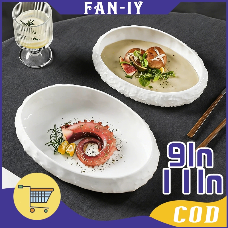9/11 IN Oval Plate Keramik Putih Ujung Rok Tekstur Batuan / Piring Saji Keramik Putih Scandinavian M