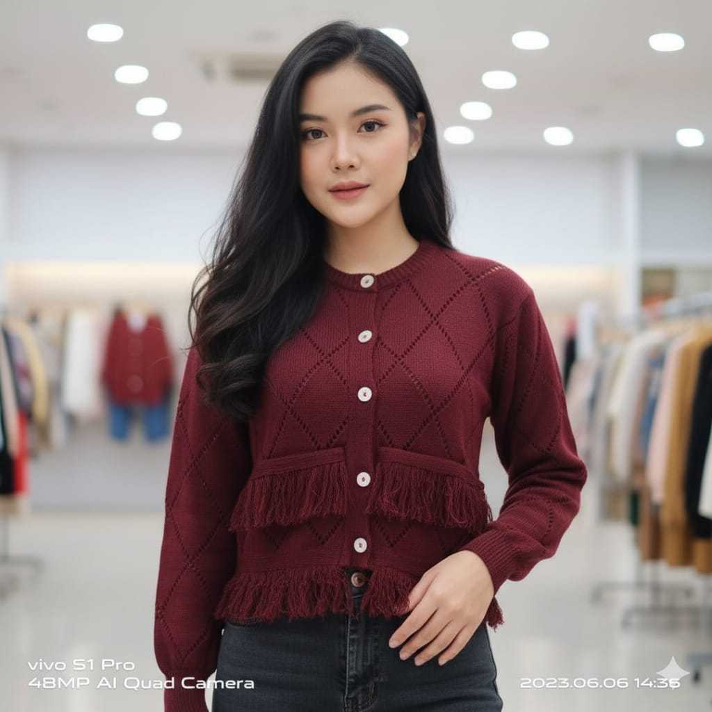 Cardigan Rajut Crop Wanita Korea Rumbai Knit Premium Import Apricot