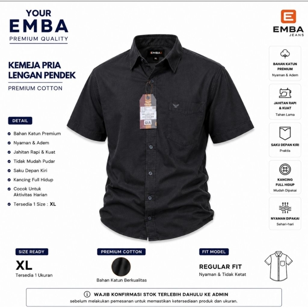 EMBA Kemeja Pria Size XL Hitam Polos Lengan Pendek