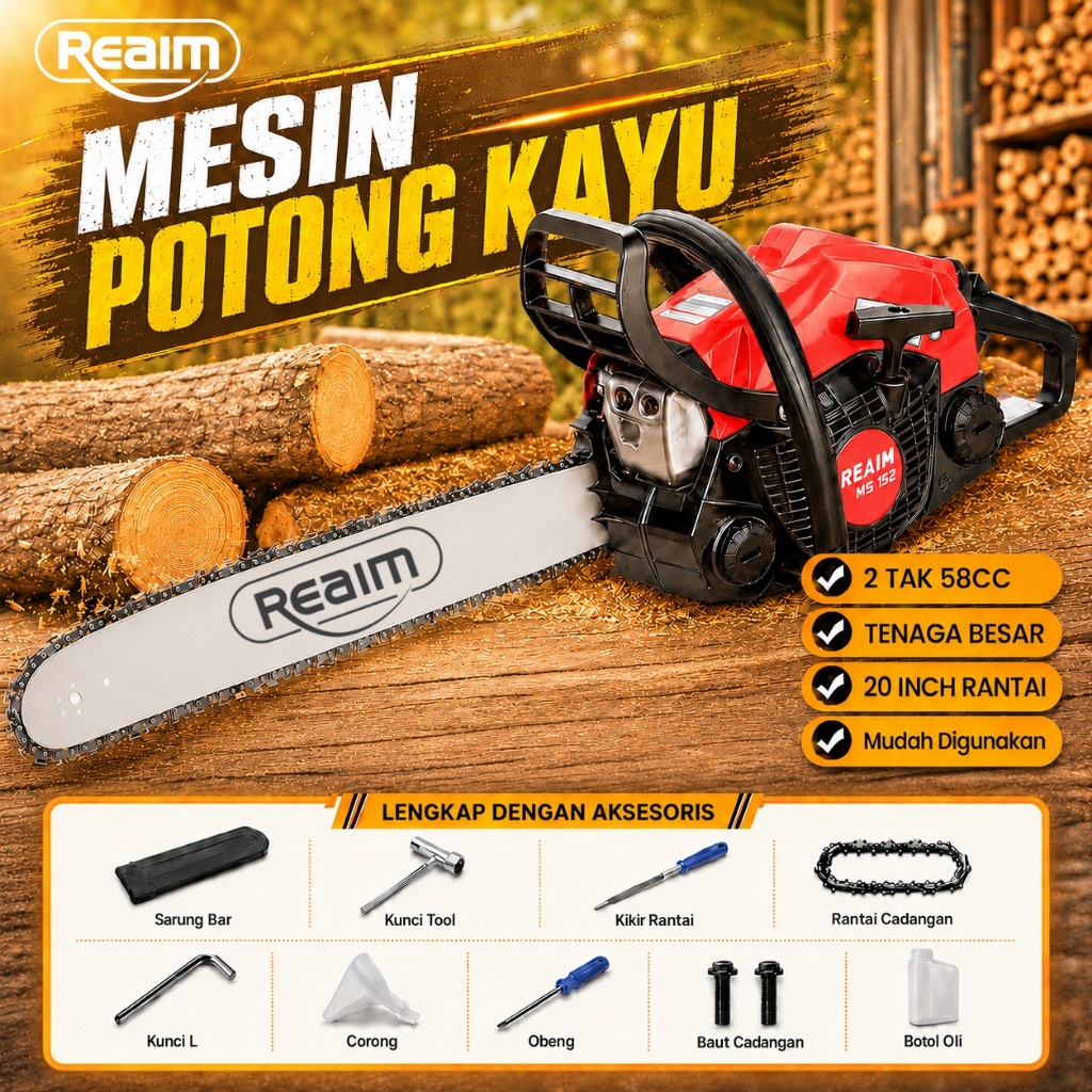 Reaim Mesin Potong Kayu 58CC 18"/20"/22" Sinso Gergaji 2Tak Sinso Senso Chainsaw 2Tak 20inch Origina