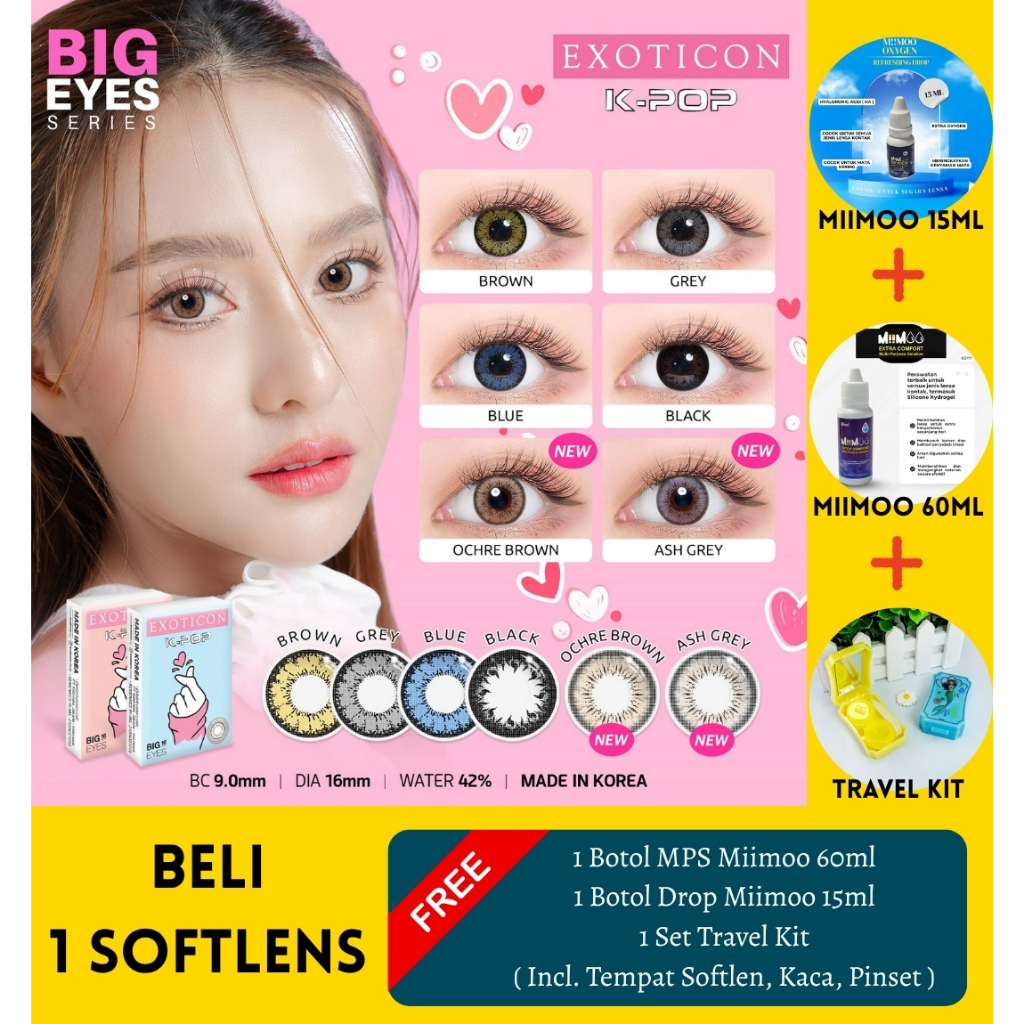 Bundling Softlens Kpop + MPS Miimoo 60ml + Drops miimoo 15ml + Travel Kit Mini Kaca Minus -0.50 sd -