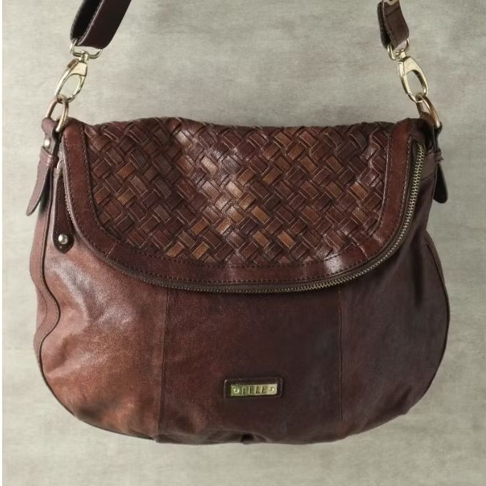 ALS-186 ELLE Tas Kulit Asli  Anyam Anyaman  Wanita Woven Balloon Bag Vintage Shoulder Bag Brown Medi