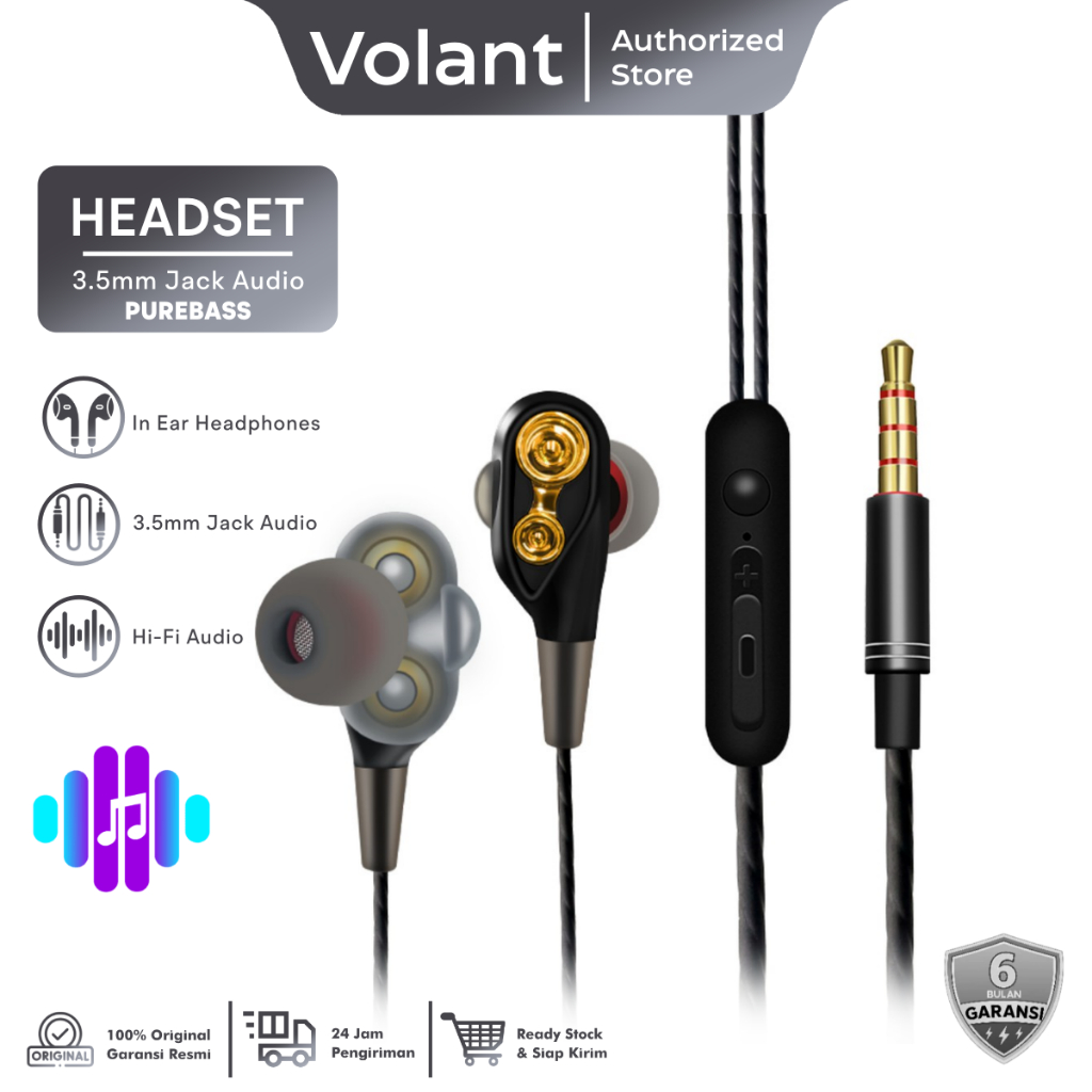 VOLANT Earphone Bass Double Copper Ring Drive In-Ear Headset Gaming Transparan Hifi Sound Sport Earb