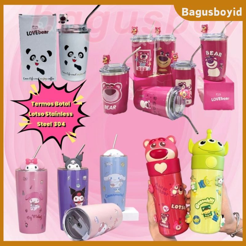 [Diskon 65%]600ml/500ml 2in1 Botol Minum Stainless Steel 304/Tumbler Lotso/Kuromi Botol Anak/ Tumble
