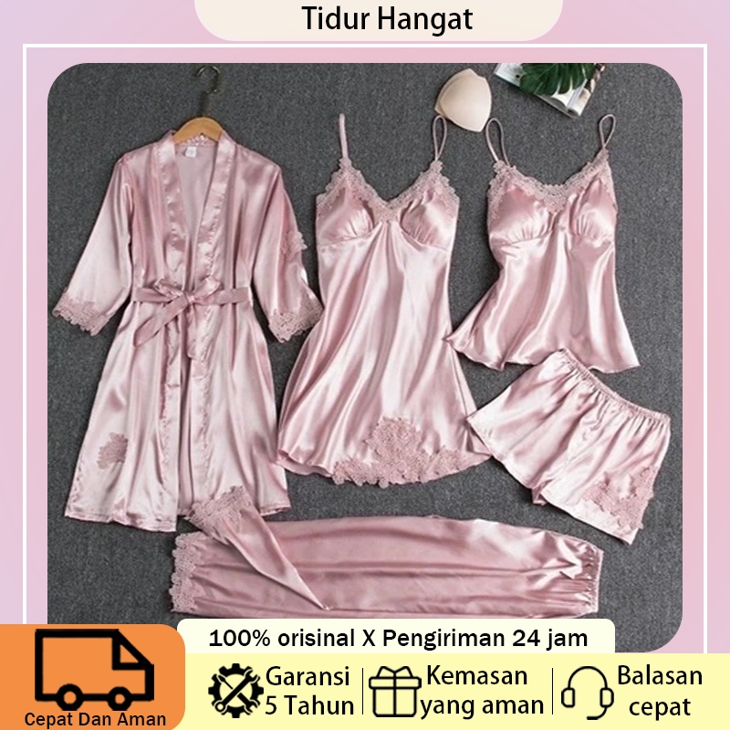 Set Baju Tidur Wanita 5 IN 1 Satin Sutra Lengan Panjang Kimono Tidur Seksi Mewah Warna Beragam Cocok