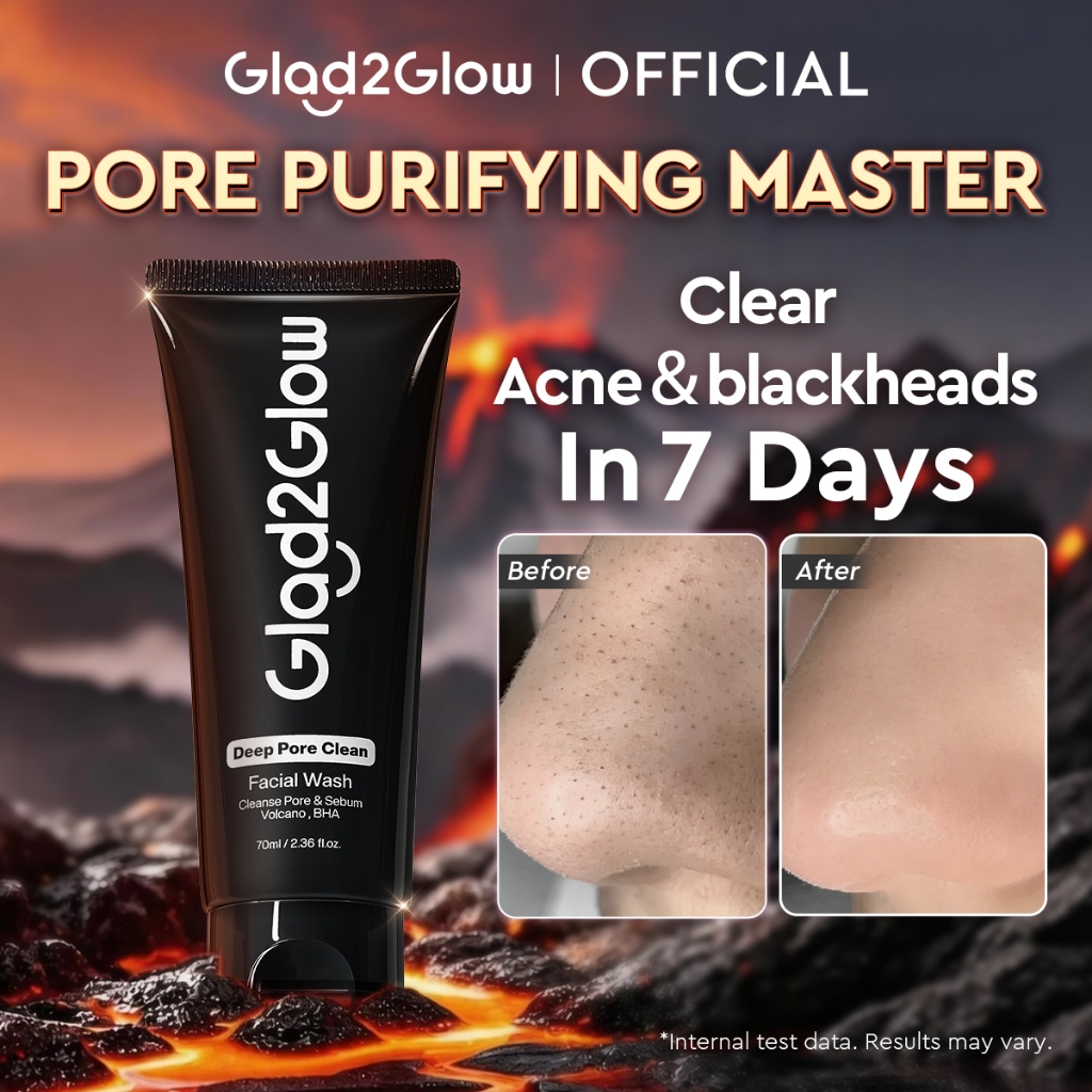 Glad2Glow Deep Pore Clean Facial Wash Pembersih Wajah Charcoa Volcanic Soil BHA Salicylic Acid Deep 