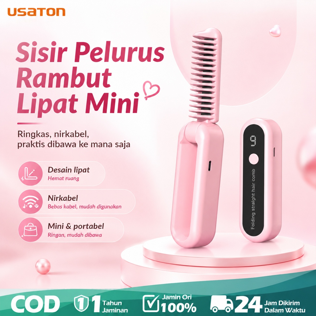 USATON  Sisir Pelurus Rambut Lipat Cordless Catokan Rambut Mini Heat Comb 2in1 Anti Kusut 9 Suhu Fol