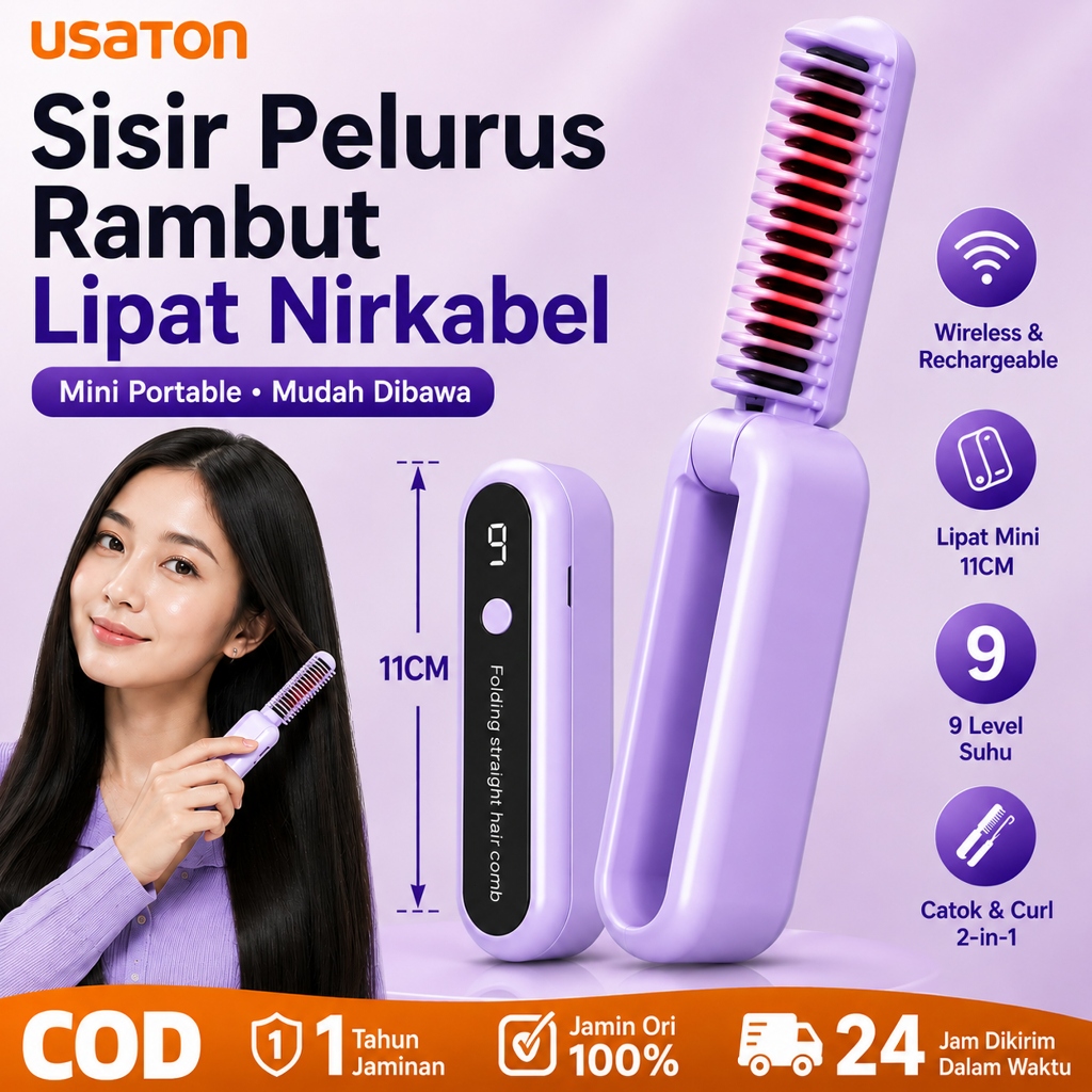 USATON Catokan Rambut Lipat Cordless Sisir Catok Pelurus Rambut Mini 9 Level Suhu Foldable Hair Stra