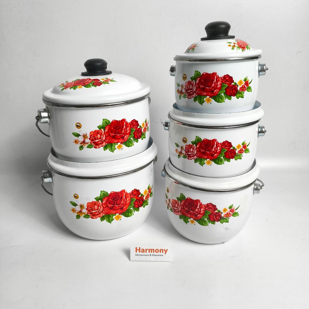 Panda Periuk Set (5pcs) Enamel Maspion Jaman Dulu Panci Kait Gantung Bunga Putih Nasi Liwet