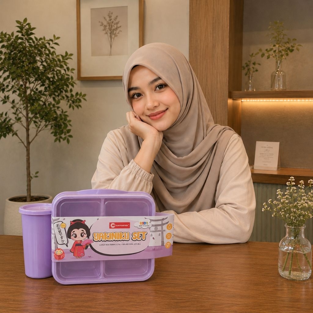 Yakiniku set plastik murah / lunch box + botol minum murah / Souvenir Kitchenware