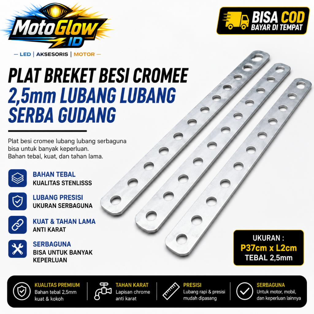 Plat Breket Besi Chrome Serbaguna Tebal 2.5mm Plat Lubang Universal
