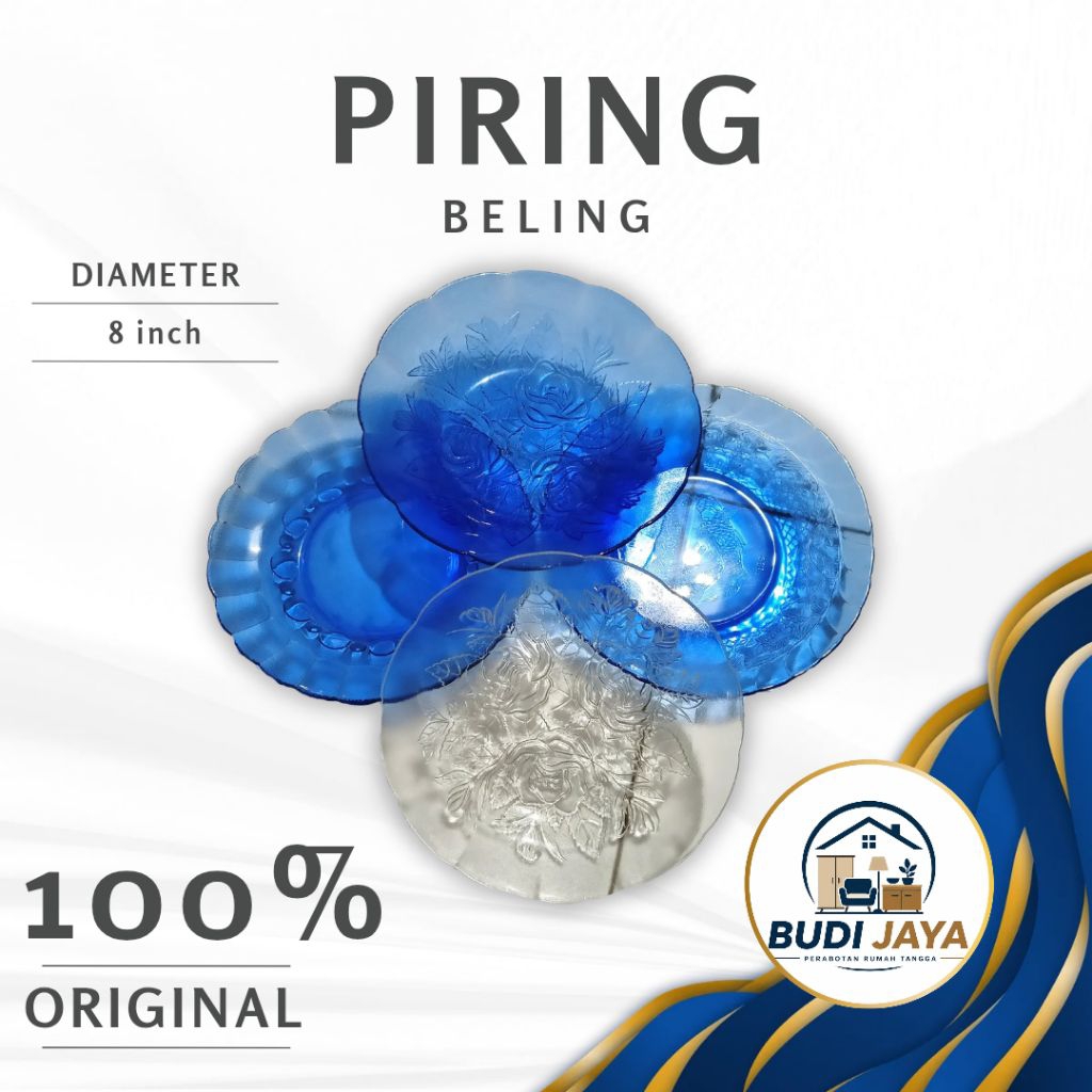 Piring Sate Kaca Beling 6pcs/12pcs Warna Biru/Bening 8 inch Corak Bunga/Ikan/Bola/Oktagon