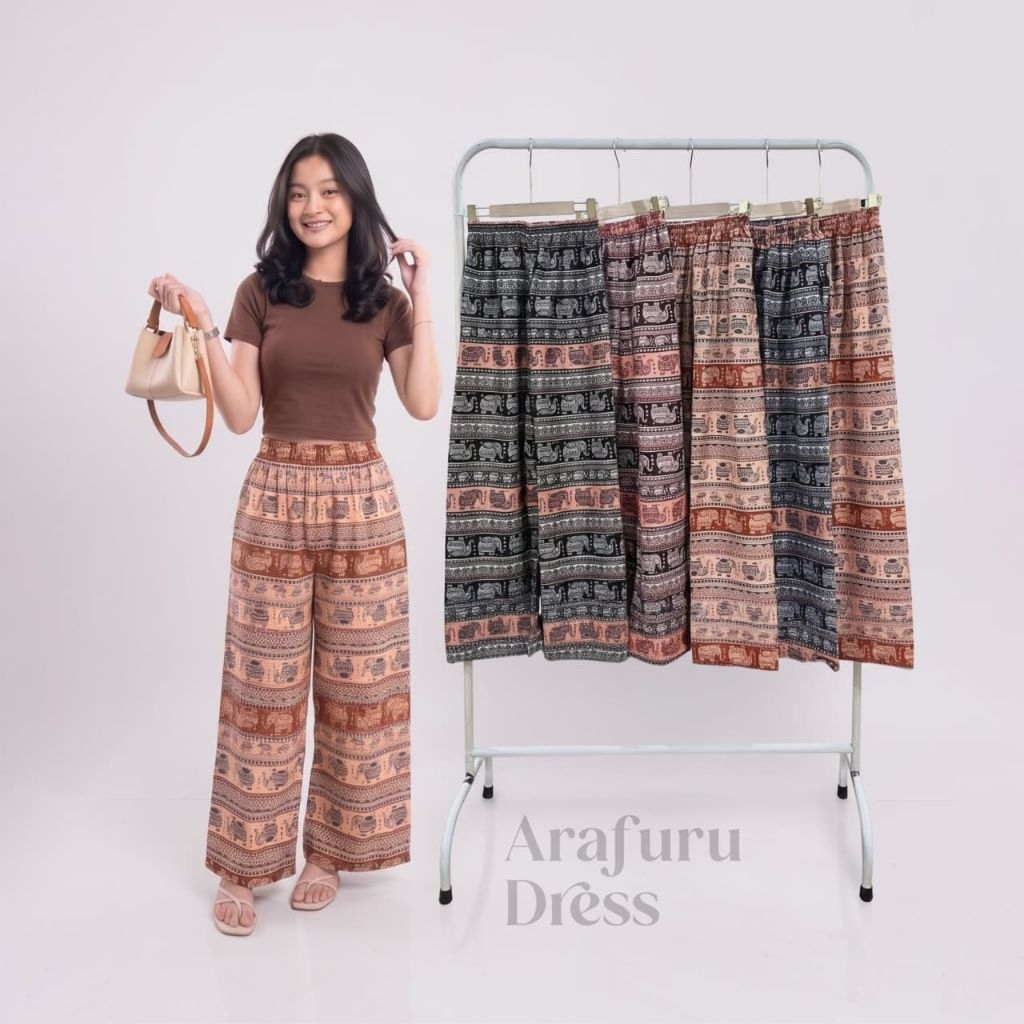 Celana Kulot Wanita Jumbo Rayon Motif Gajah Varian Warna Kain Bali Thailand Hightwaist