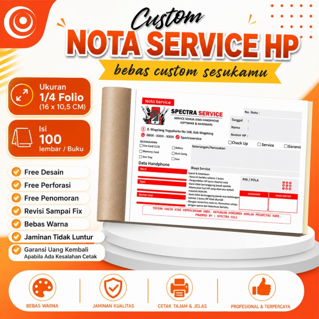 Custom nota service HP 2 ply - isi 100 lembar - nota konter - nota penjualan