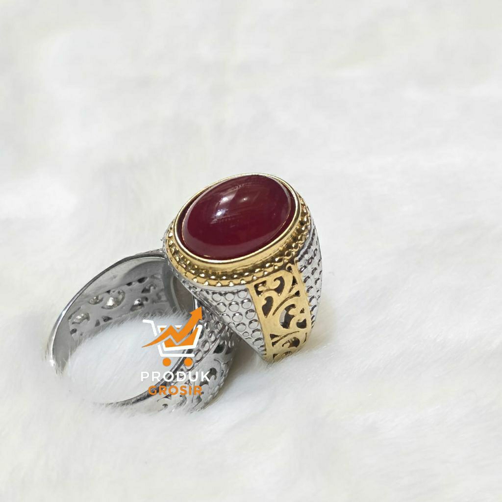 Cincin Batu Akik Red Baron Super Natural 12x16 Ring Titanium Kombinasi