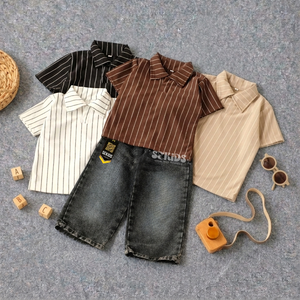 Setelan Baju Kaos Polo Wangki Anak Knit Celana Baggy Jeans Anak Gombrong Usia 1-10 Korean Style