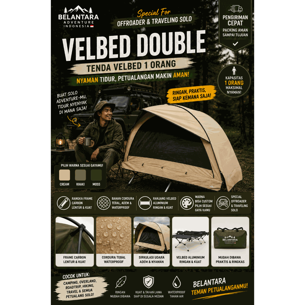 Tenda Velbed Belantara Fullset 1.1 Series Bahan Cordura Premium Tebal Double Layer Kapasitas 1 Perso