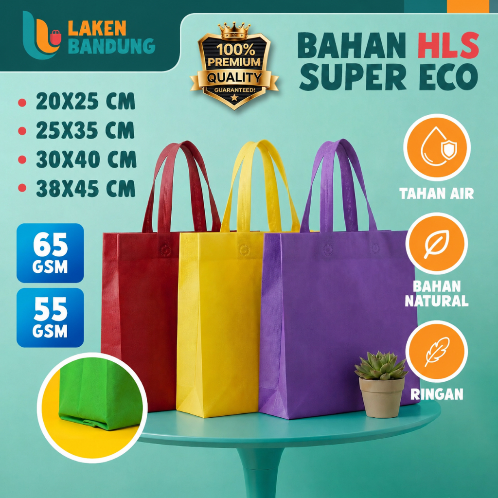 HLS SUPER ECO Tas Spunbond Goodie Bag Laken Handle 4 Ukuran 20x25 25x35 30x40 38x45 Tebal Polos