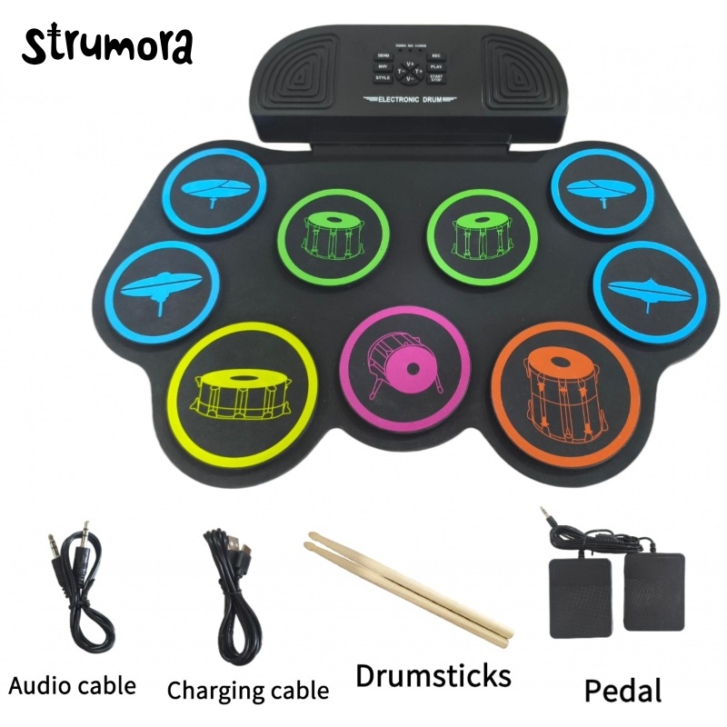 STRUMORA Drum Elektronik Portabel Digital USB 9 Bantalan Roll Up Drum Set Silicone Electric Drum Pad
