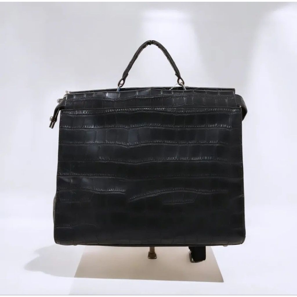 Fendi Mens Black Monster Eyes Croc Leather Peekaboo Selleria Bag