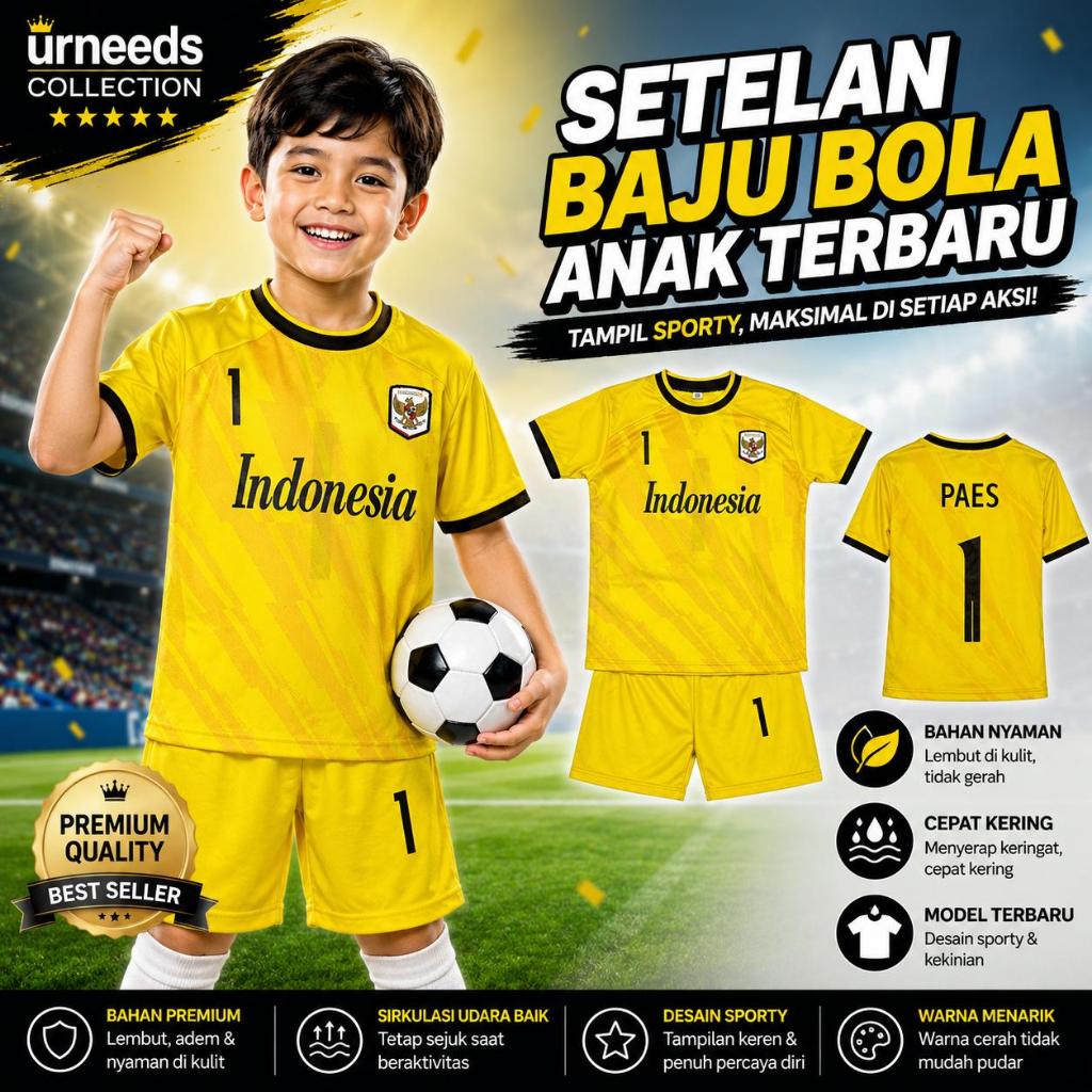 COD / SETELAN BAJU BOLA ANAK TIMNAS INDONESIA KUNING PAES ROMENY TERBARU / STELAN JERSEY FUTSAL LAKI