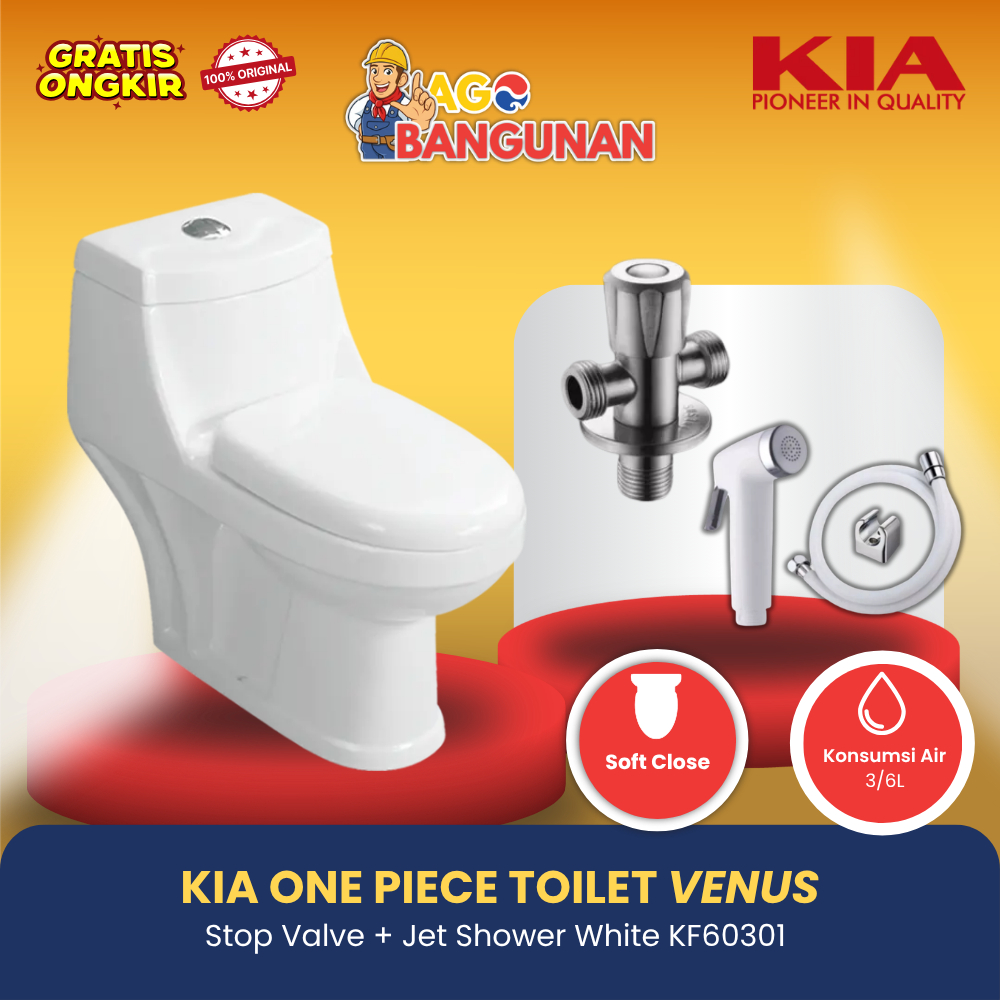 KIA One Piece Toilet Duduk Venus 8009 + Stop Keran dan Jet Shower Bidet KIA KF60301 White