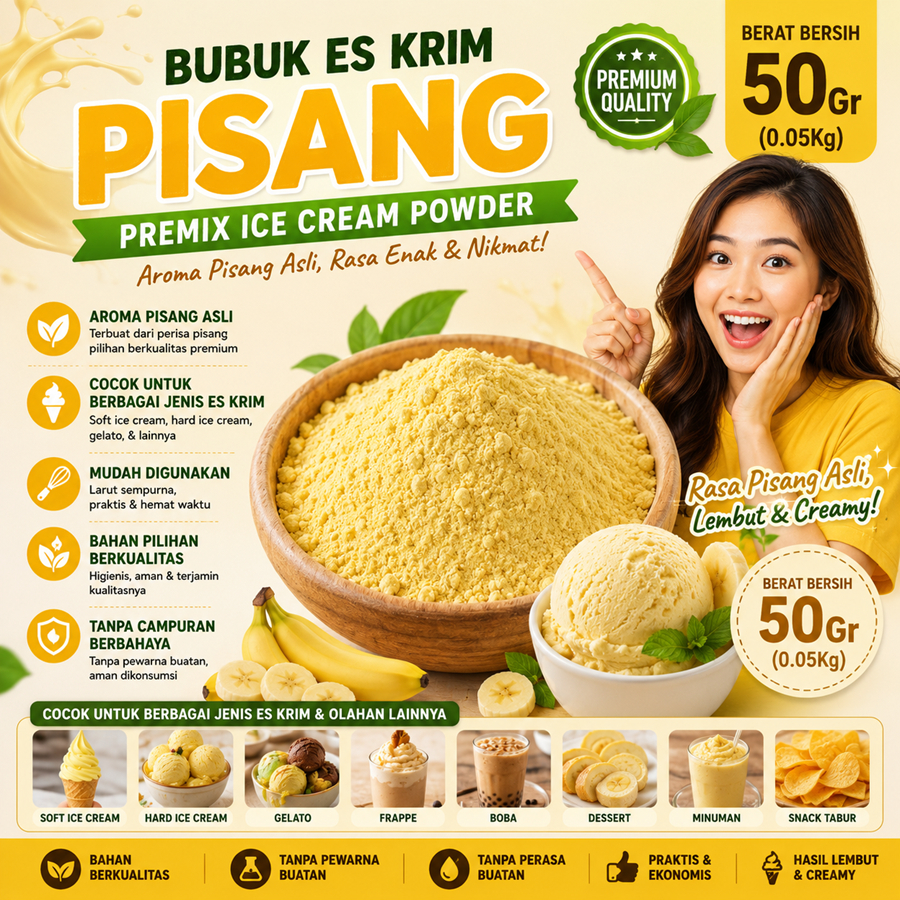 Bubuk Es Krim Pisang 50Gr Serbuk Ice Cream Pisang 50Gr Eskrim Kiloan Bahan Instan Premix Soft Hard G