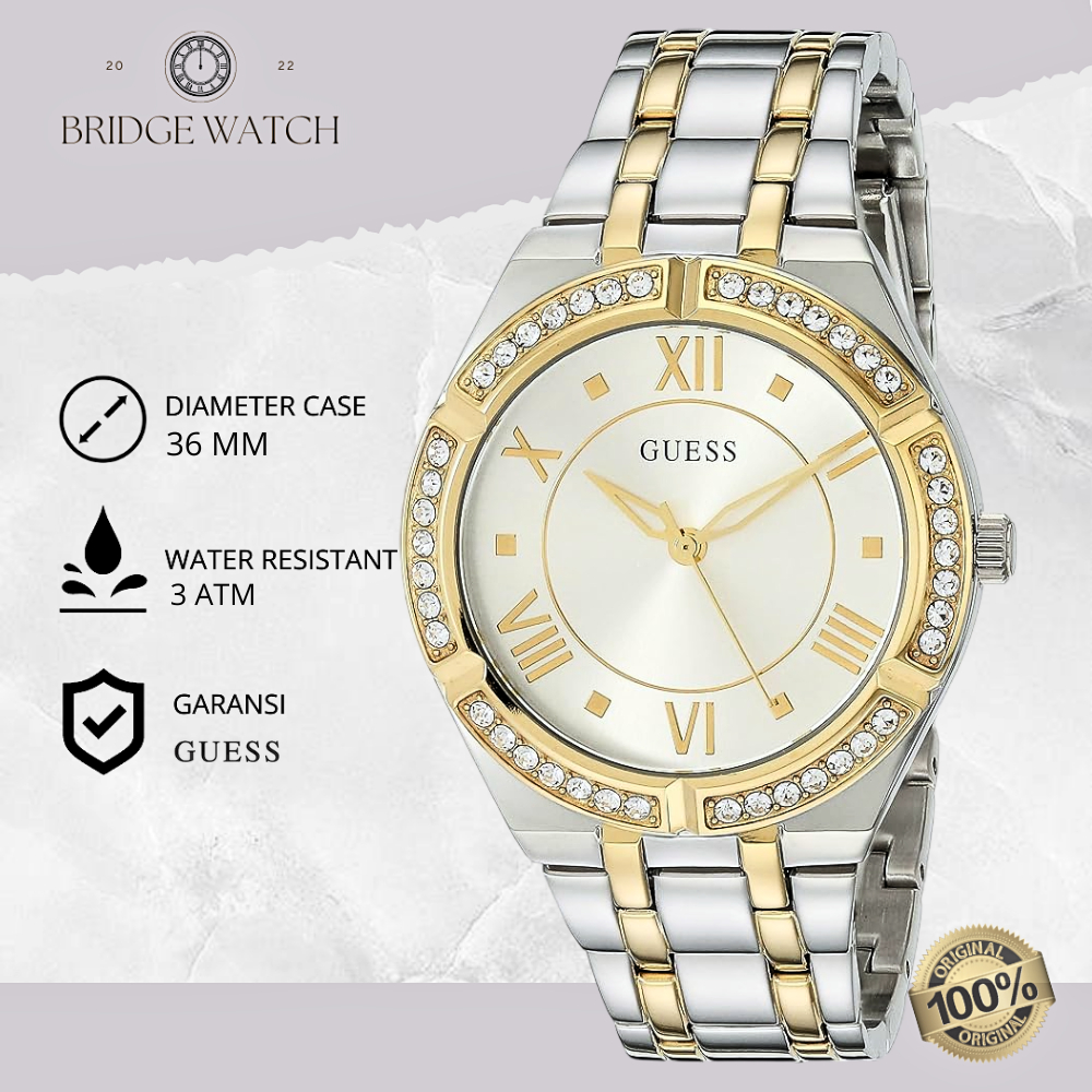 Jam Tangan Wanita Guess GW0033L4 Original Cosmo Silver Gold Stainless Steel Strap Rantai Mewah Casua