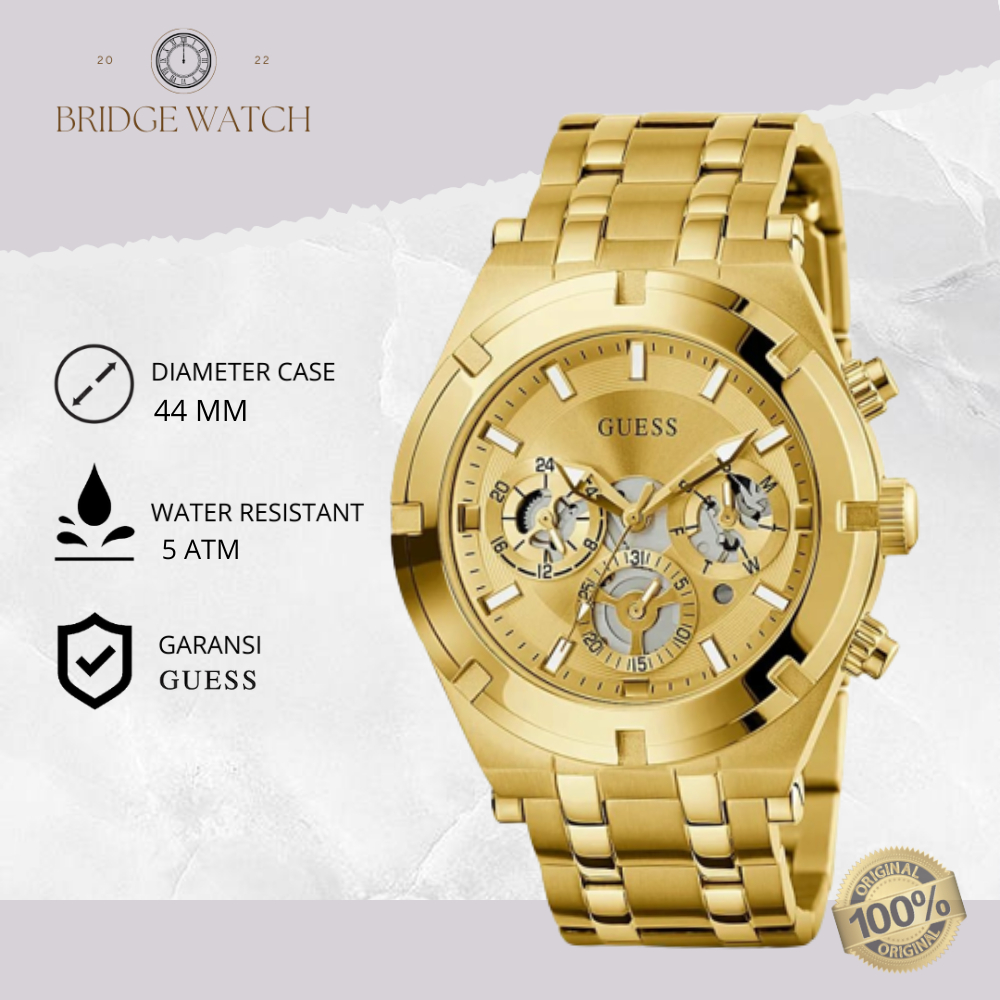 Jam Tangan Pria Guess Continental GW0260G4 Chronograph Gold Tone Stainless Steel Mewah Sporty Origin