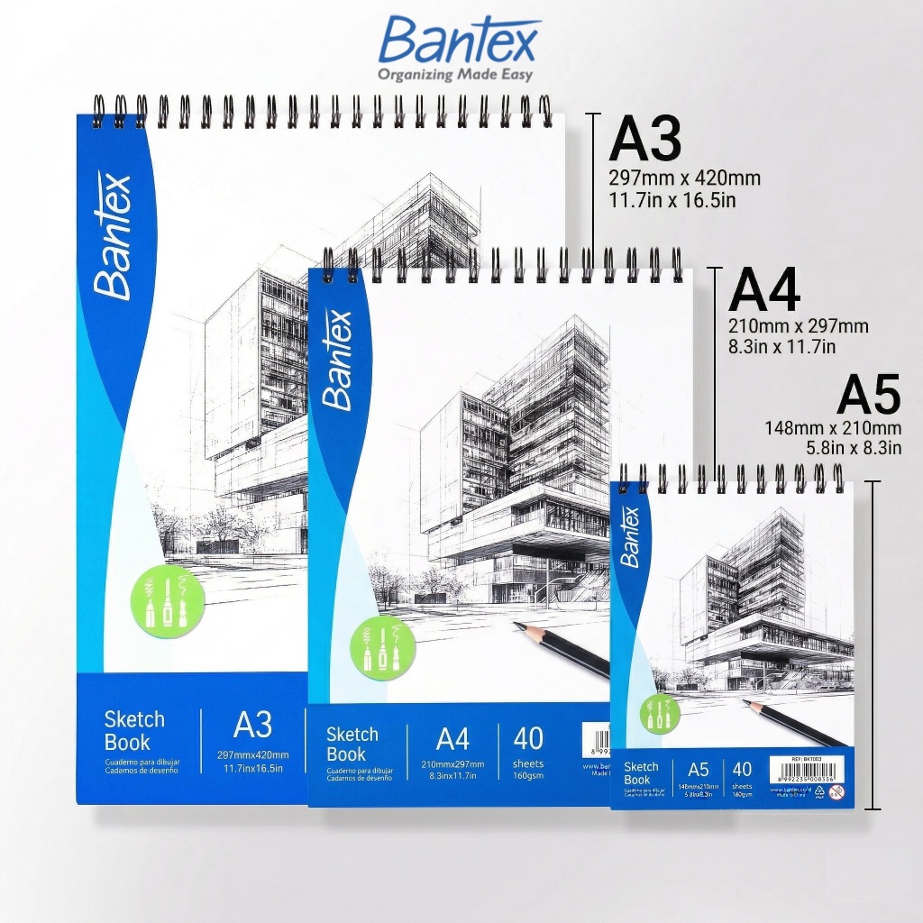 Bantex Sketch Book / Buku Gambar Sketsa Tebal 160gr Spiral + Tear Line A3 A4 A5 40 Lembar