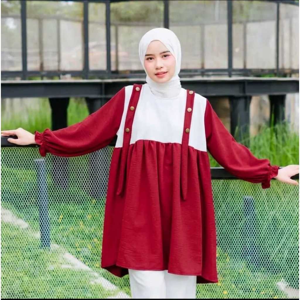 Baju Blus Wanita Merah Putih Lengan Panjang Bahan Polo Linen