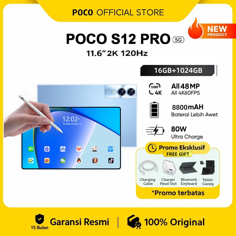 POC0 Asli Baru S12 PRO NFC PAD Tablet Android 11.6" IPS Screen 120Hz 5G/4G WiFi Tab Asli Resmi Table