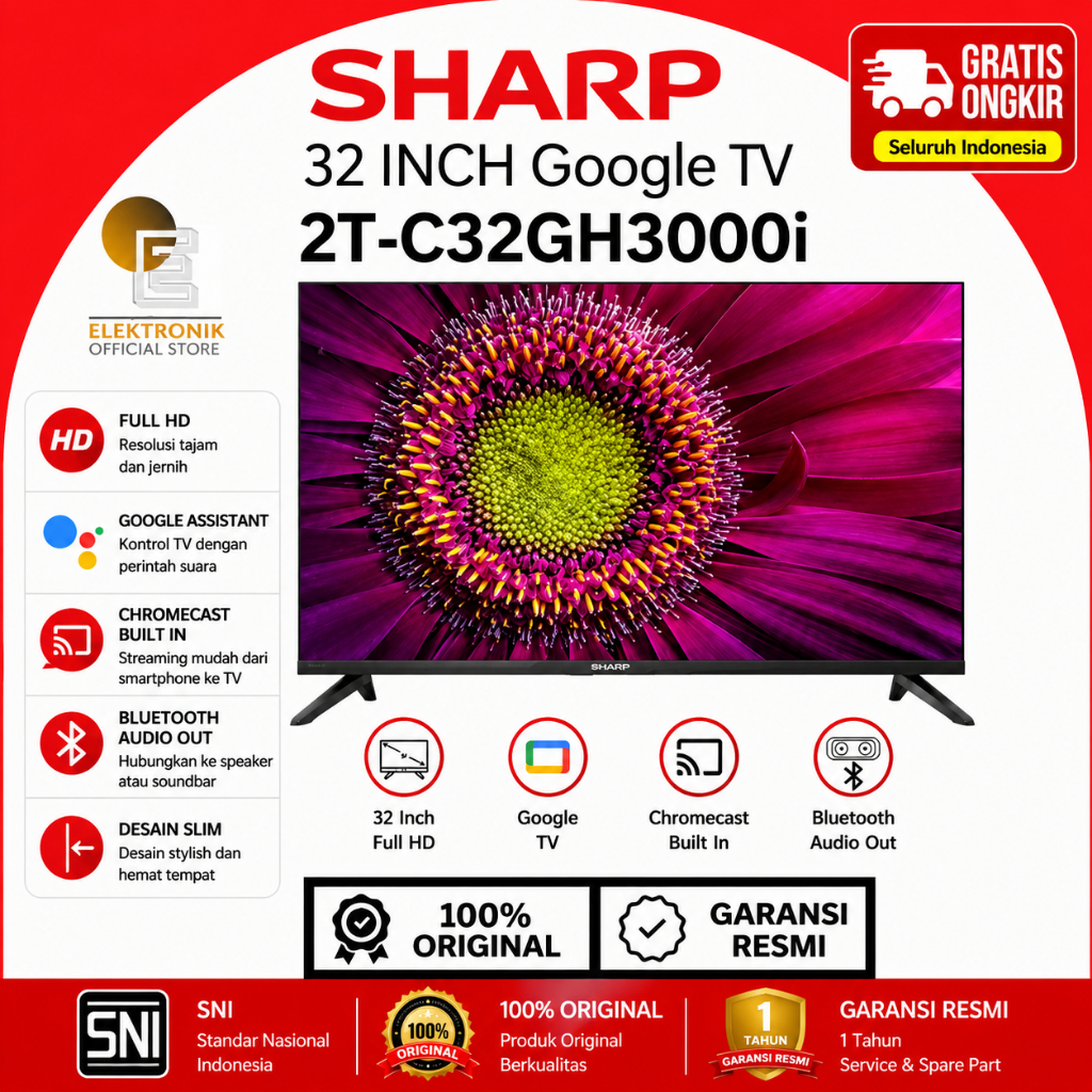 Sharp 2TC32GH3000I TV LED Digital 32 Inch HD Ready Google TV Frameless Design Aquos Series Smart LED
