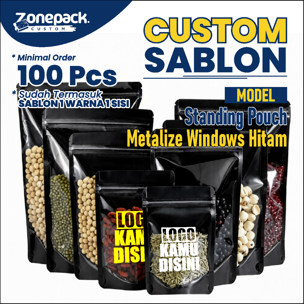 Sablon Standing Pouch Metalize Windows Hitam | Packing Metalized Foil Emas Snack Kemasan Makanan Zip