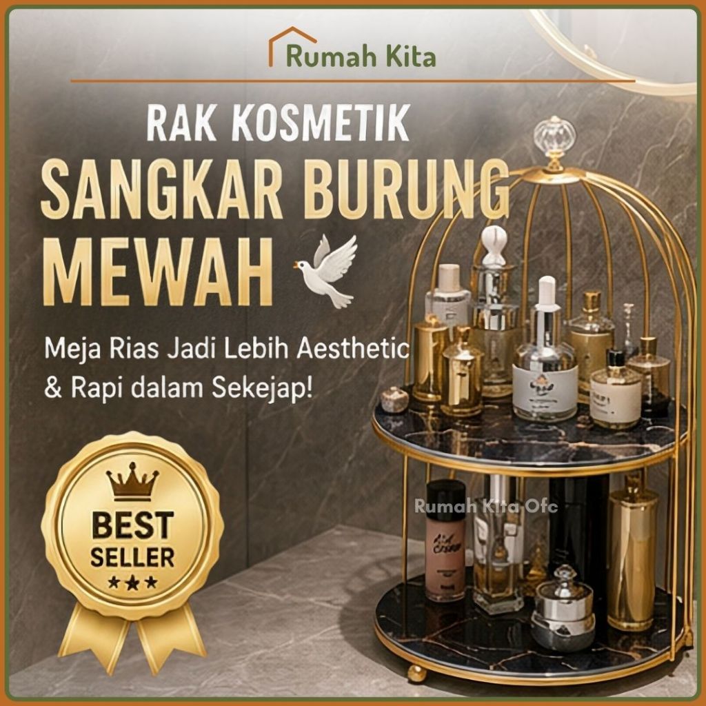 [COD] RUMAHKITA Rak Kosmetik Sangkar Burung 1 & 2 Tingkat Besi Gold Keramik Marble Mewah Tempat Skin
