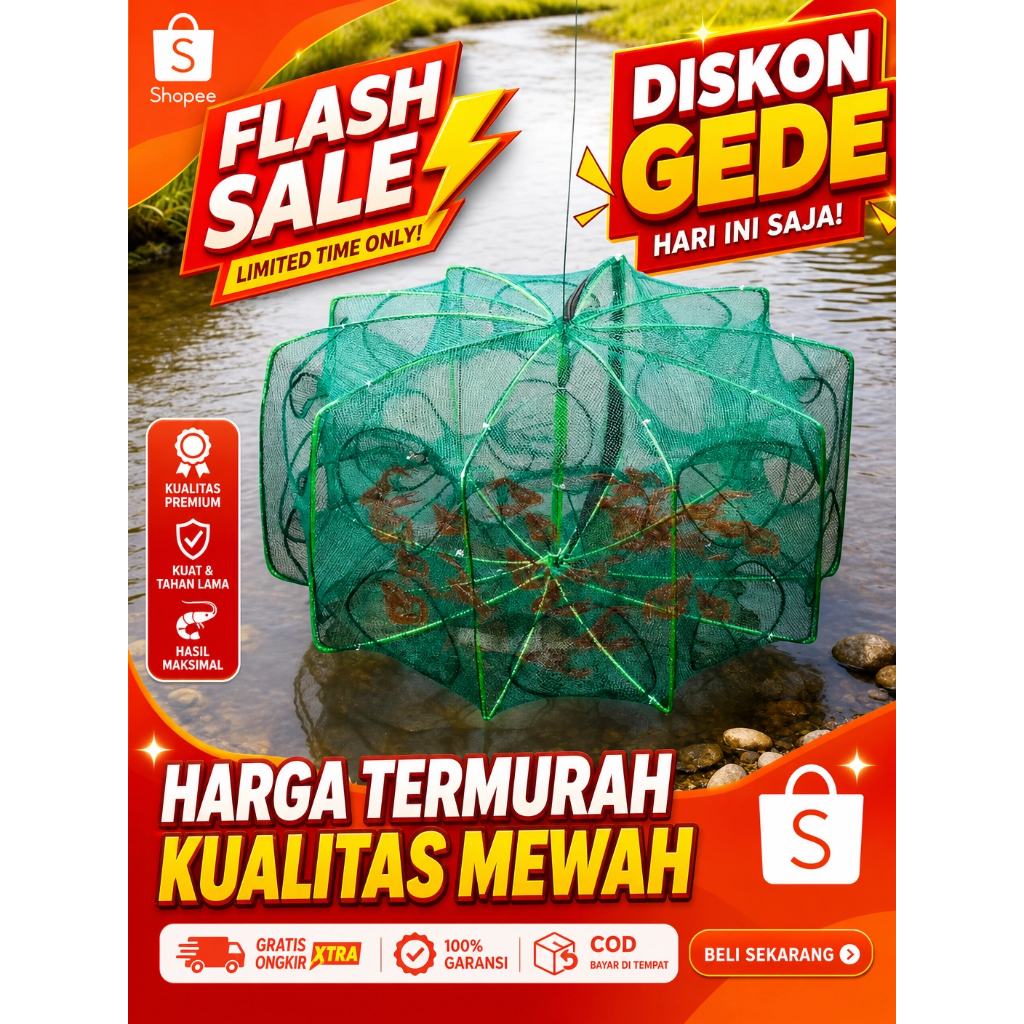 Bubu Lipat Resleting 6/8/10 Lubang Jaring Ikan Udang Bubu Payung / Bubu Ikan