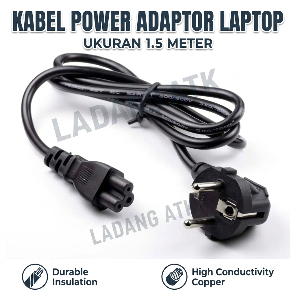 Kabel Power Adaptor Laptop 3 Pin 1.5 Meter - Tahan Lama, Kualitas Baik, Fleksibel