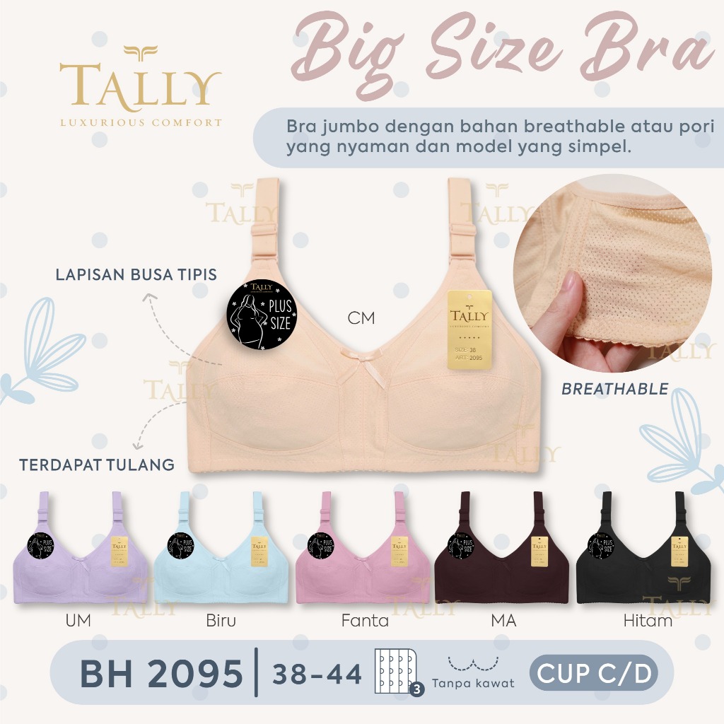 YISTORE98 - BH BRA TALLY 2095 TANPA BUSA TANPA KAWAT CUP D - Bh Bra Tally 2095 Cup D (38-44) Kait 3 