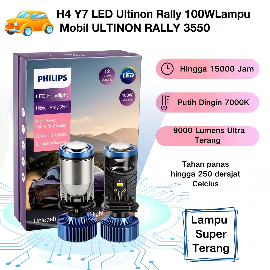 Philips H4 Y7 LED Lampu Kendaraan 100W 7000K Visibilitas Maksimal Berkendara Malam