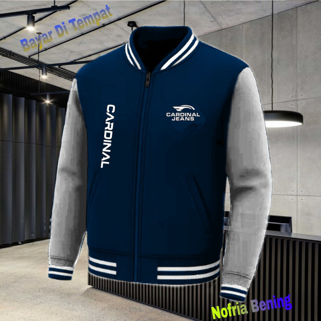 BISA COD Jaket Bomber Varsity Baseball Resleting Cardinal Jeans Kirka Text Putih Origin Premium Jake