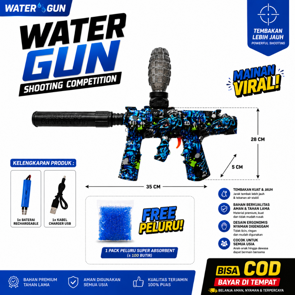 Mainan Tembakan Gel Blaster MP7 Water Bullet Gun Otomatis Elektrik Full Set Grafiti Biru Bonus Pelur