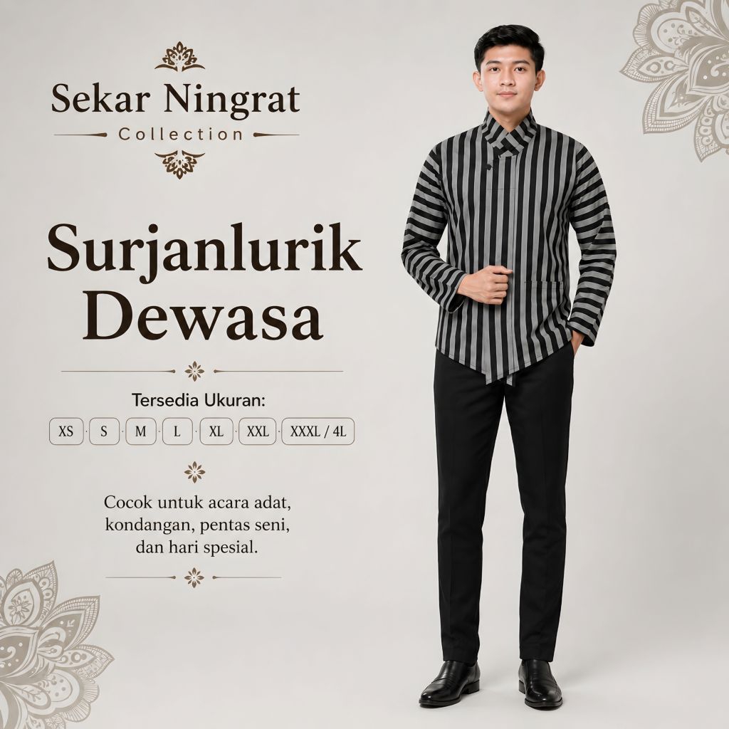 Surjan Lurik Dewasa Pria Abu Hitam Atasan Baju Adat Jawa Modern Premium